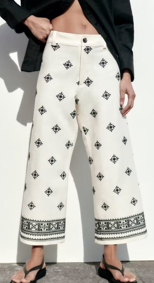 White Boho Dress Pants with Print