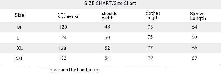 Size chart for clothing measurements with chest circumference, shoulder width, clothes length, and sleeve length.