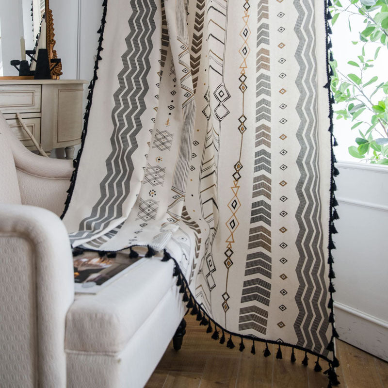 White Boho Patterned Curtain with Tassels