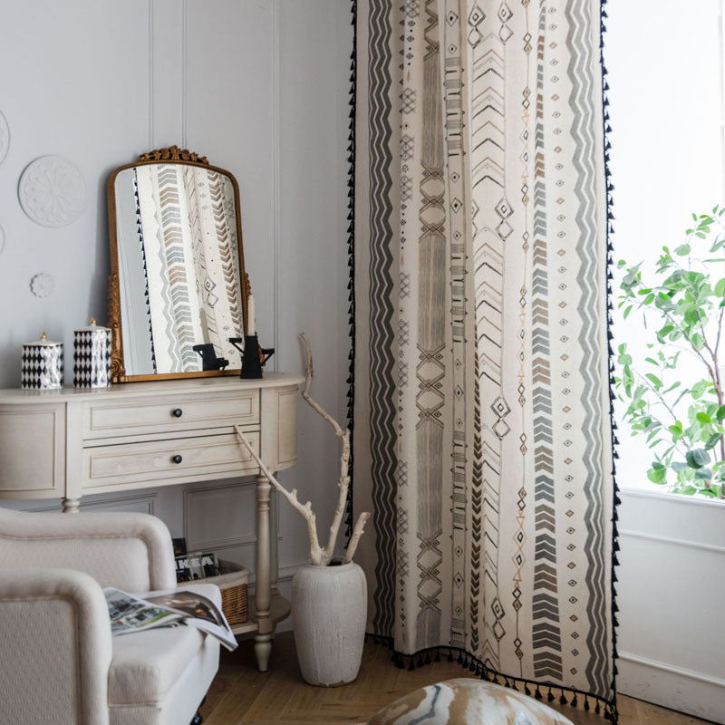White Boho Patterned Curtain with Tassels