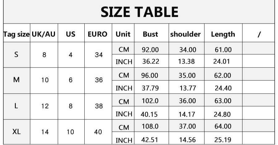 Product information and size chart for a white t-shirt with a V-neck design.