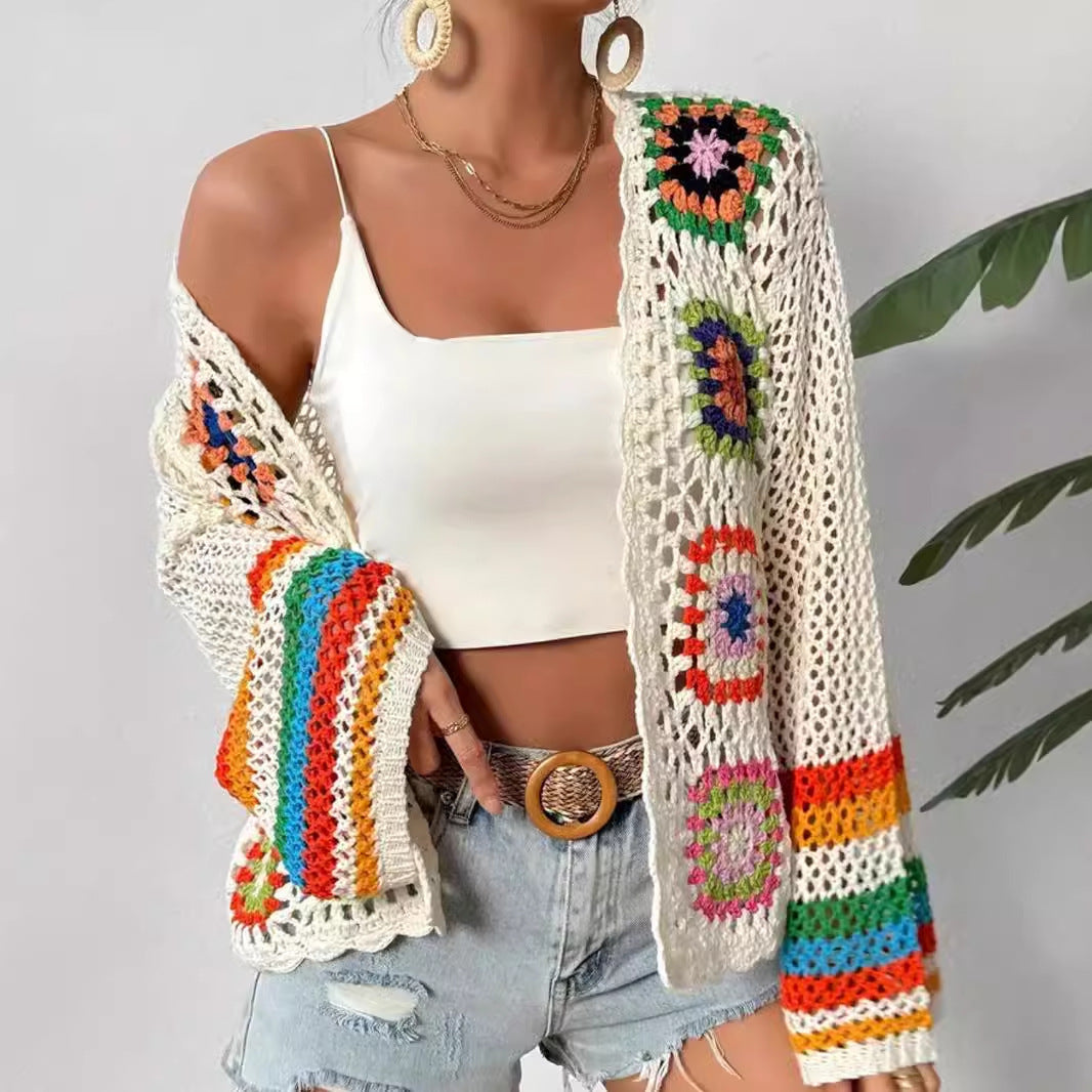 White Colorful Plaid Crocheted Cardigan