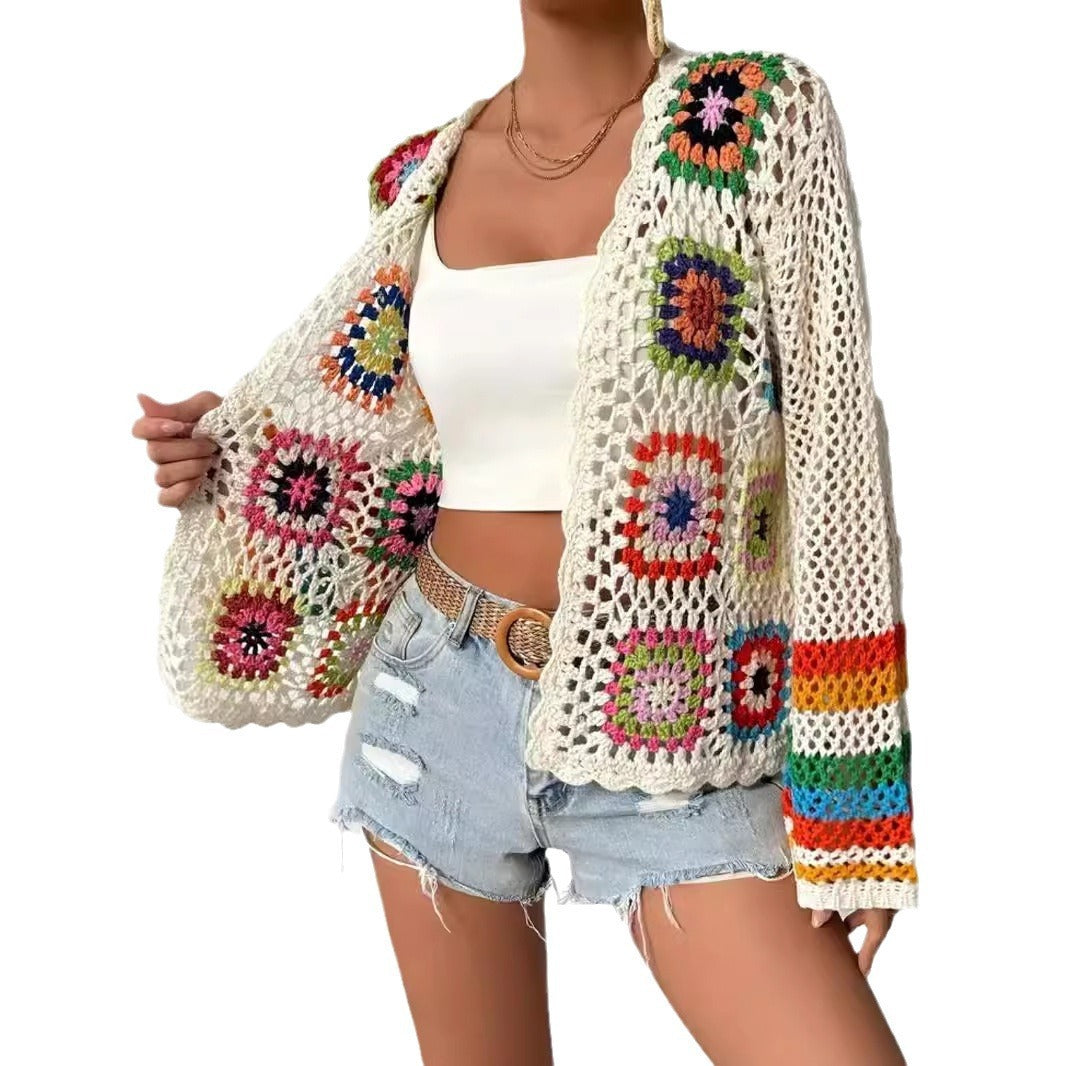 White Colorful Plaid Crocheted Cardigan
