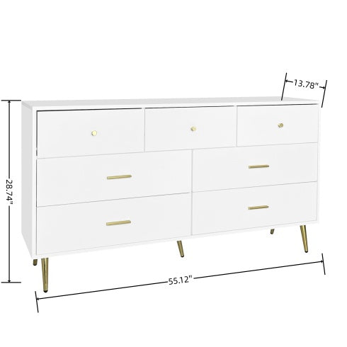 White dresser with gold legs and handles, shown with dimensions on a white background