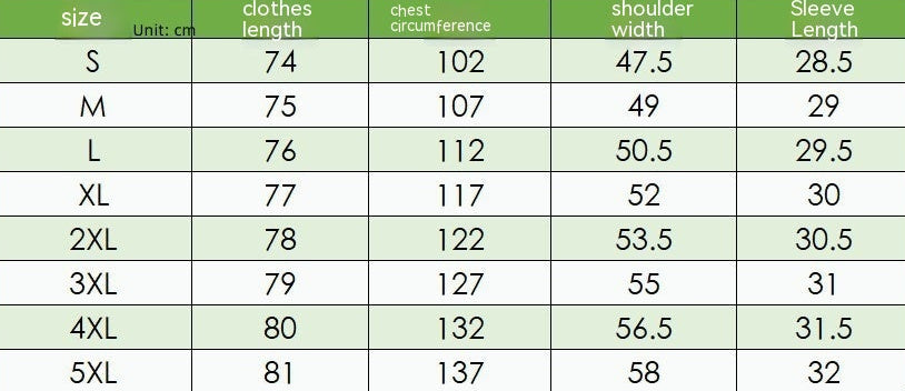 Table displaying clothing size chart with measurements in centimeters