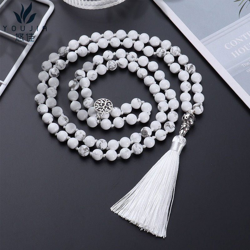 White Mala Beads with Tassel