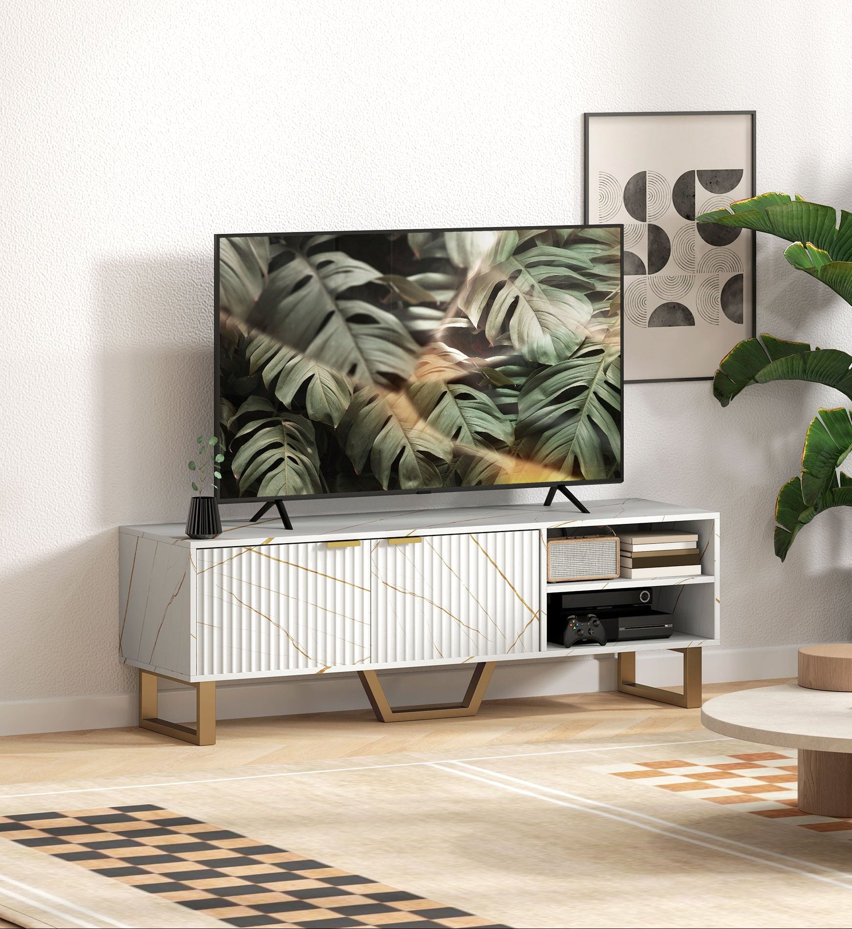 White Marble Design TV Stand Cabinet For Up To 70" TVs with Shelves and Storage Cupboard