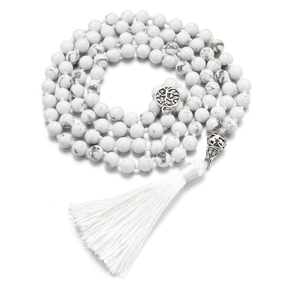 White Marble Mala Beads with Tassel