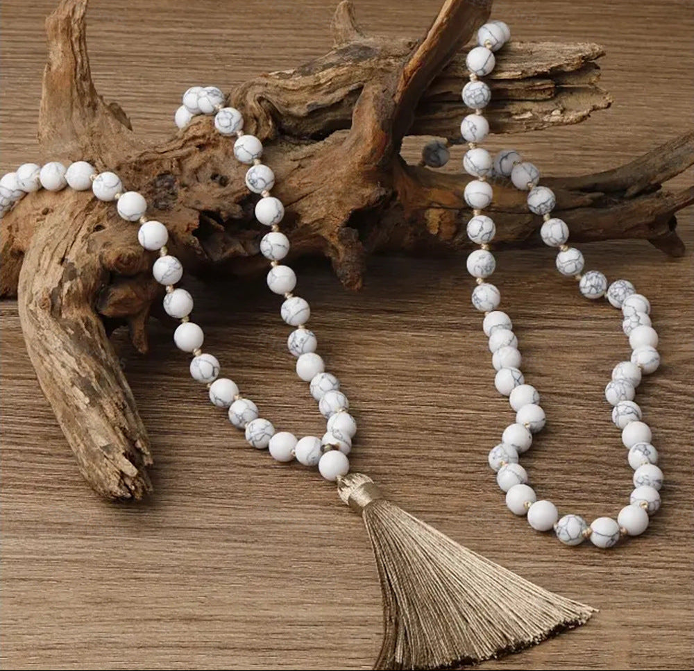 White Marble Mala Beads with Tassel