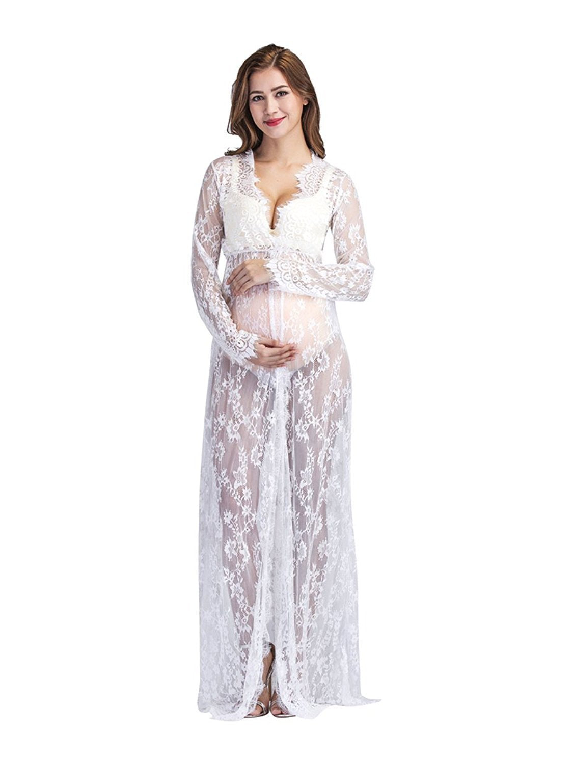 White Sheer Lace Maternity Dress for Photoshoot