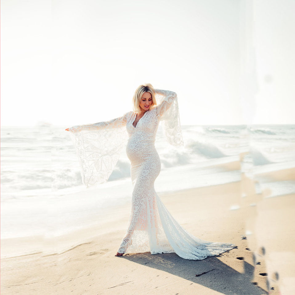 White V-Neck Flared Sleeves Long Tail Dress