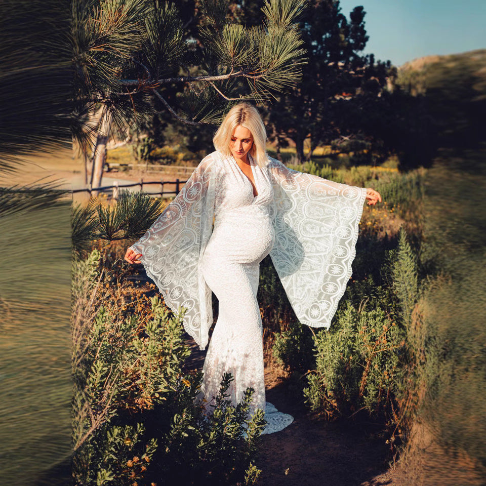 White V-Neck Flared Sleeves Long Tail Dress white