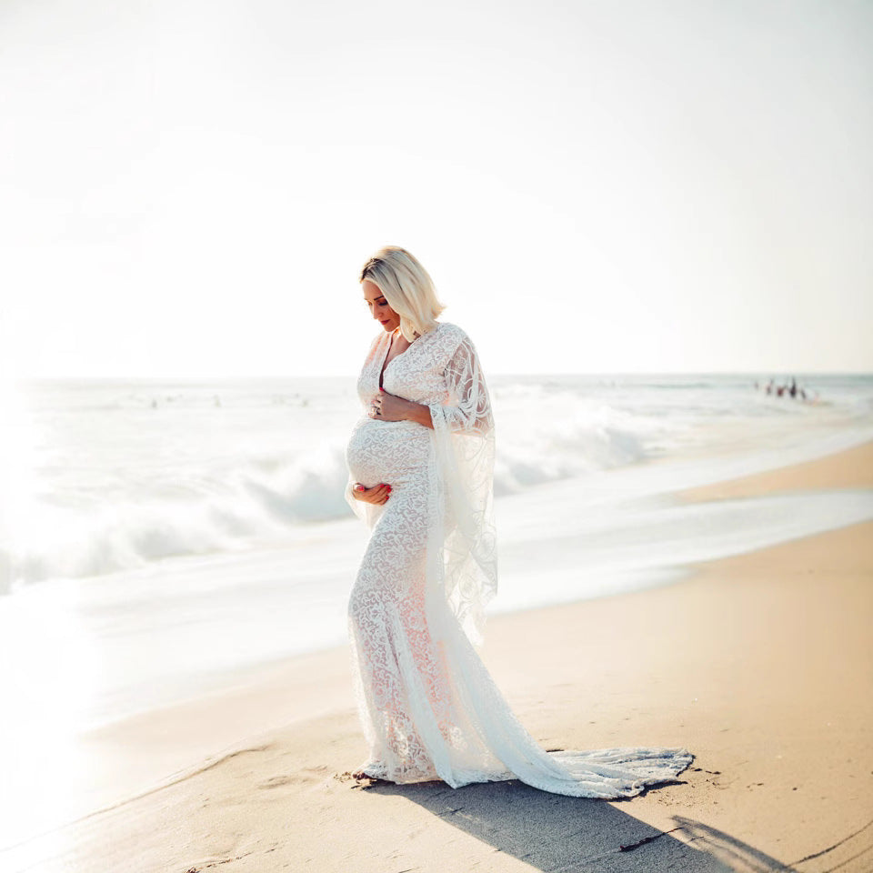 White V-Neck Flared Sleeves Long Tail Dress