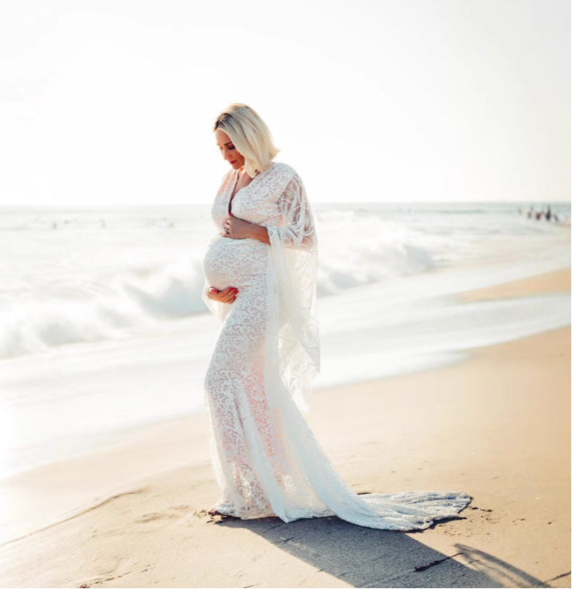 White V-Neck Flared Sleeves Long Tail Maternity Dress