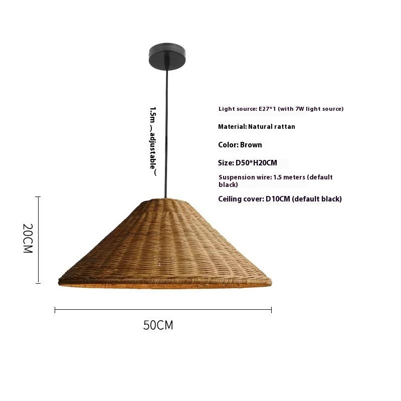 Wicker pendant light with specifications on a white background