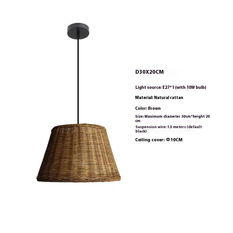 Wicker pendant light with specifications on a white background