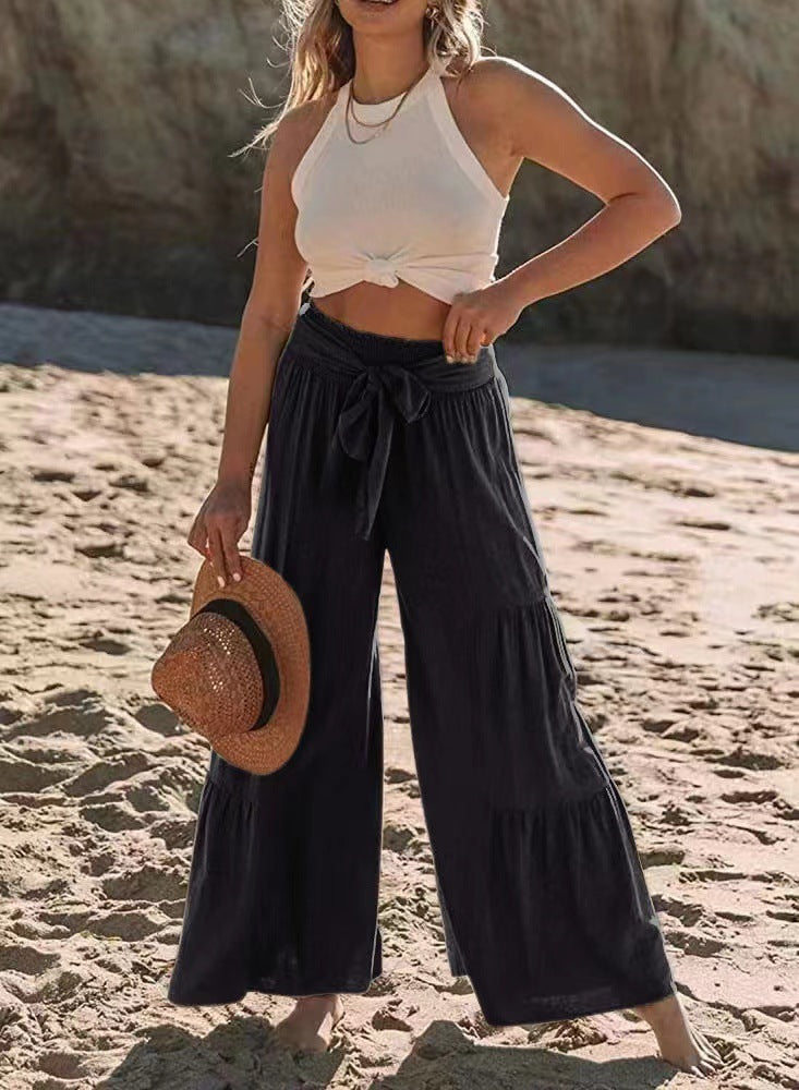Wide Leg Boho Chic Pants with Belt black