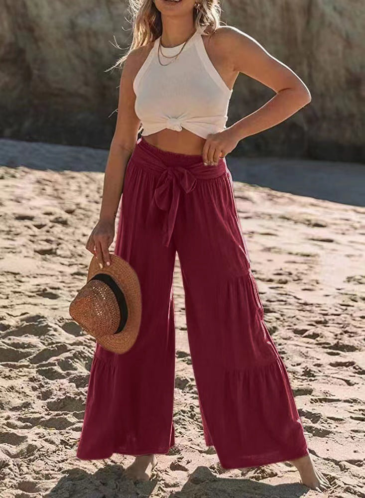 red Wide Leg Boho Chic Pants with Belt