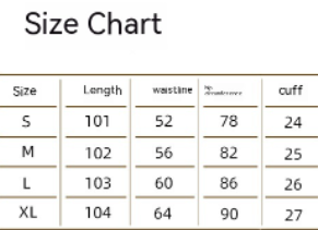 Size chart for pants with measurements in centimeters