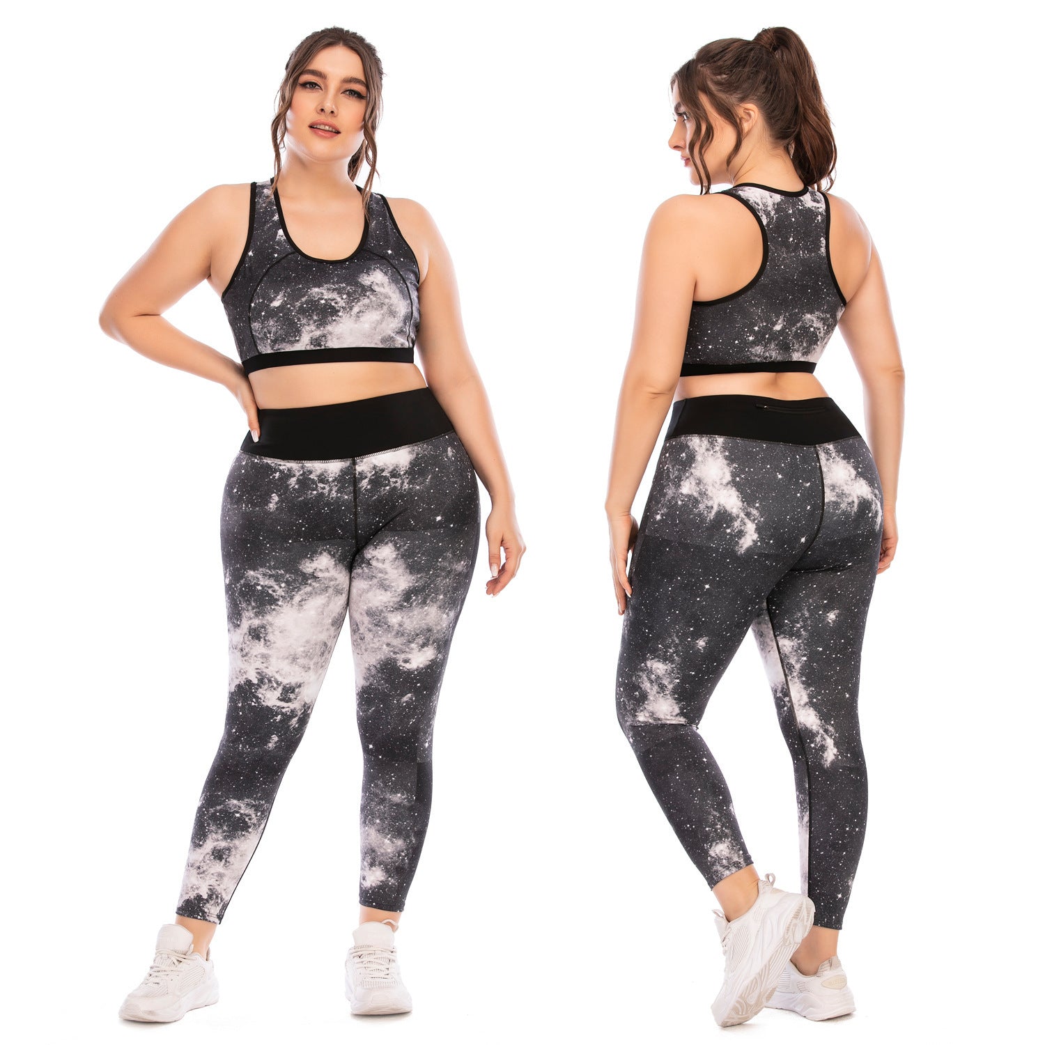 Woman wearing a black and white patterned sports bra and leggings set, shown from front and back.