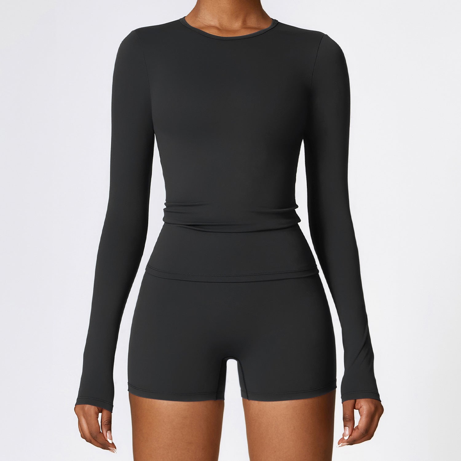 black Women's Yoga Activewear Set - Long Sleeve Top with Shorts