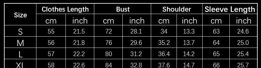 Clothing size chart with measurements in centimeters and inches
