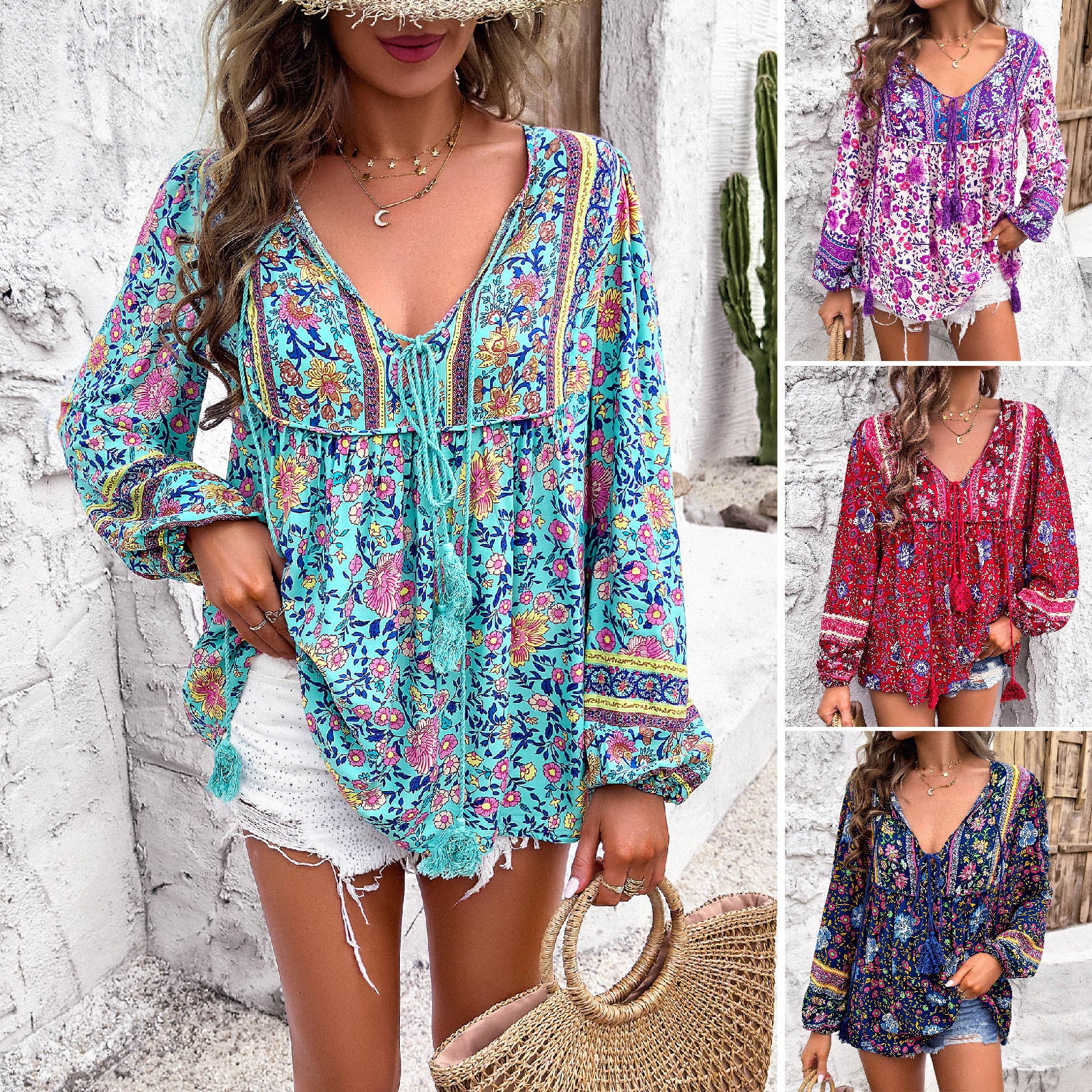 Womens Loose Floral Print Long Sleeve Shirt