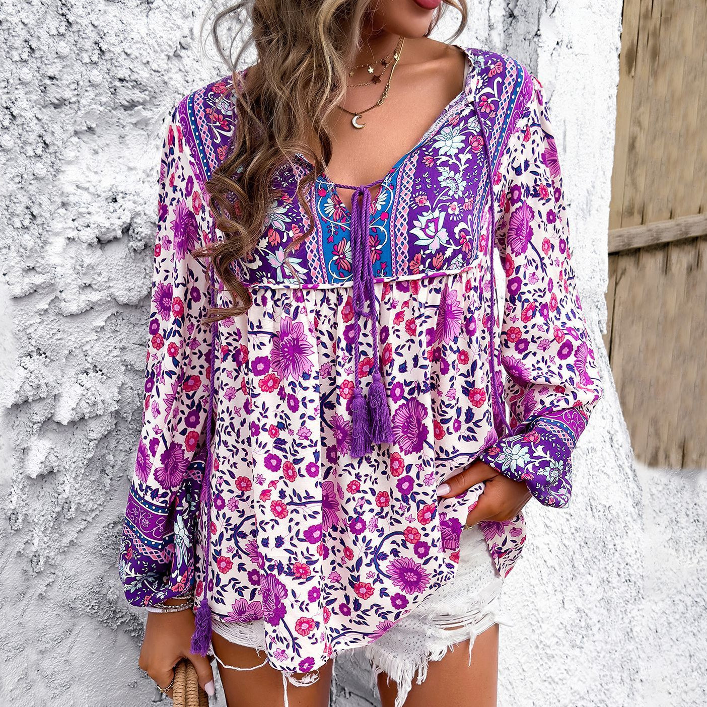 Womens Loose Floral Print Long Sleeve Shirt