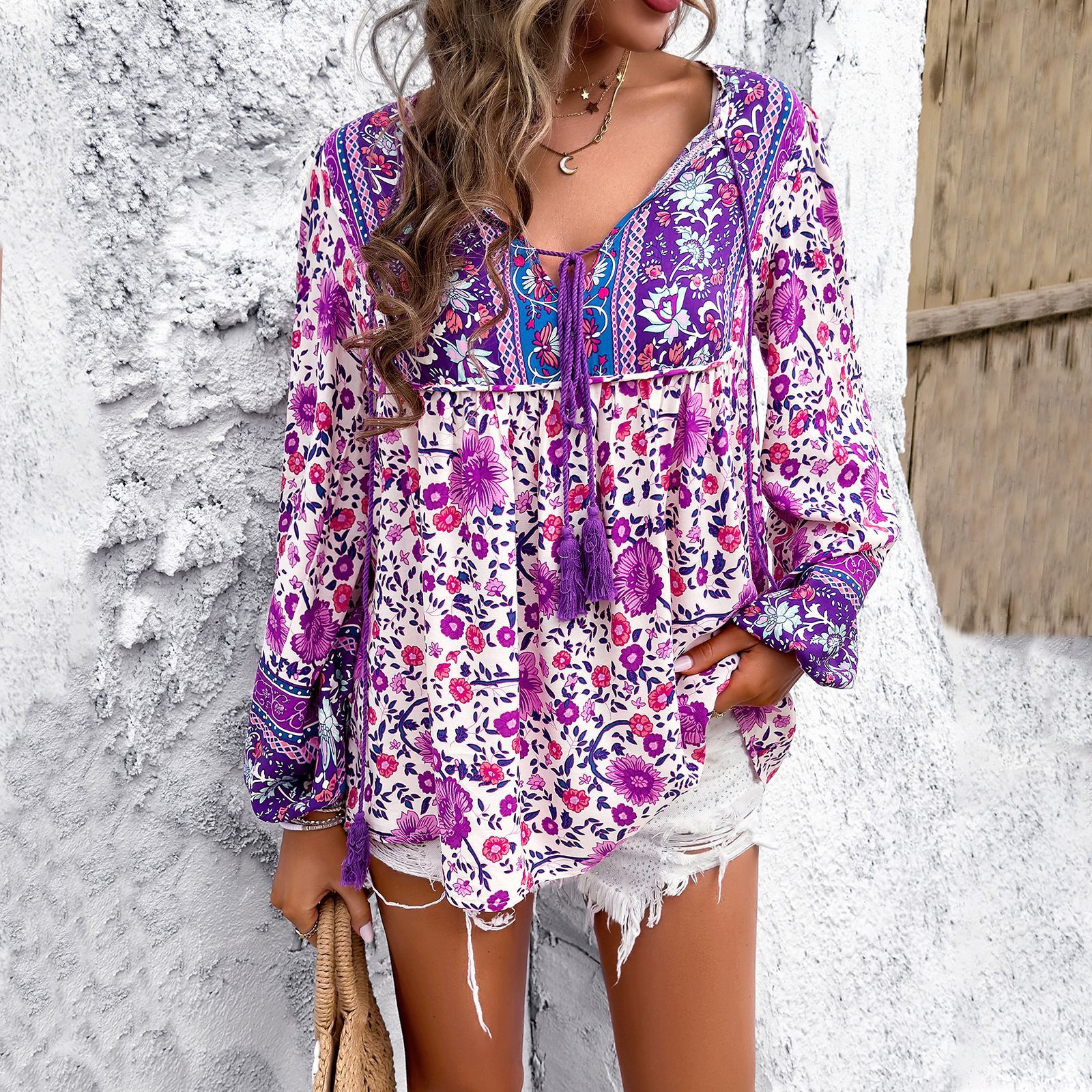 purple Womens Loose Floral Print Long Sleeve Shirt