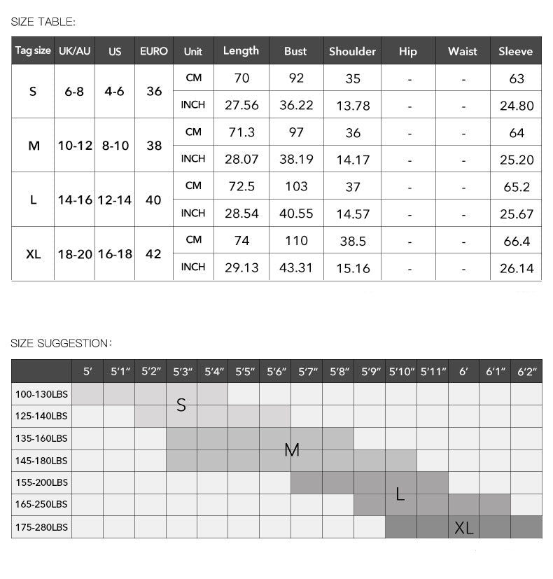Size chart for clothing with measurements in centimeters and inches.