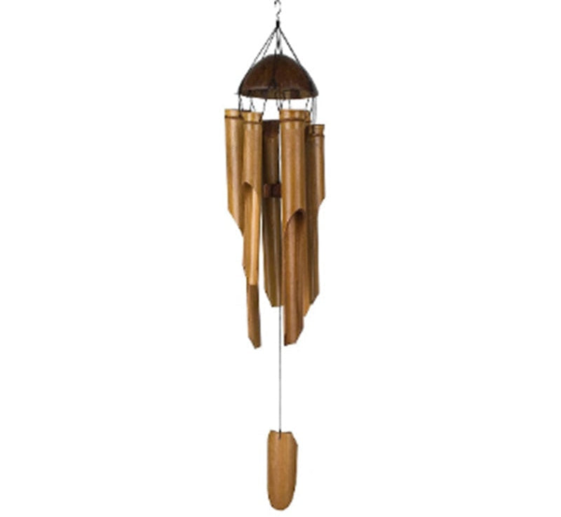 Wooden wind chime with multiple tubes on a white background