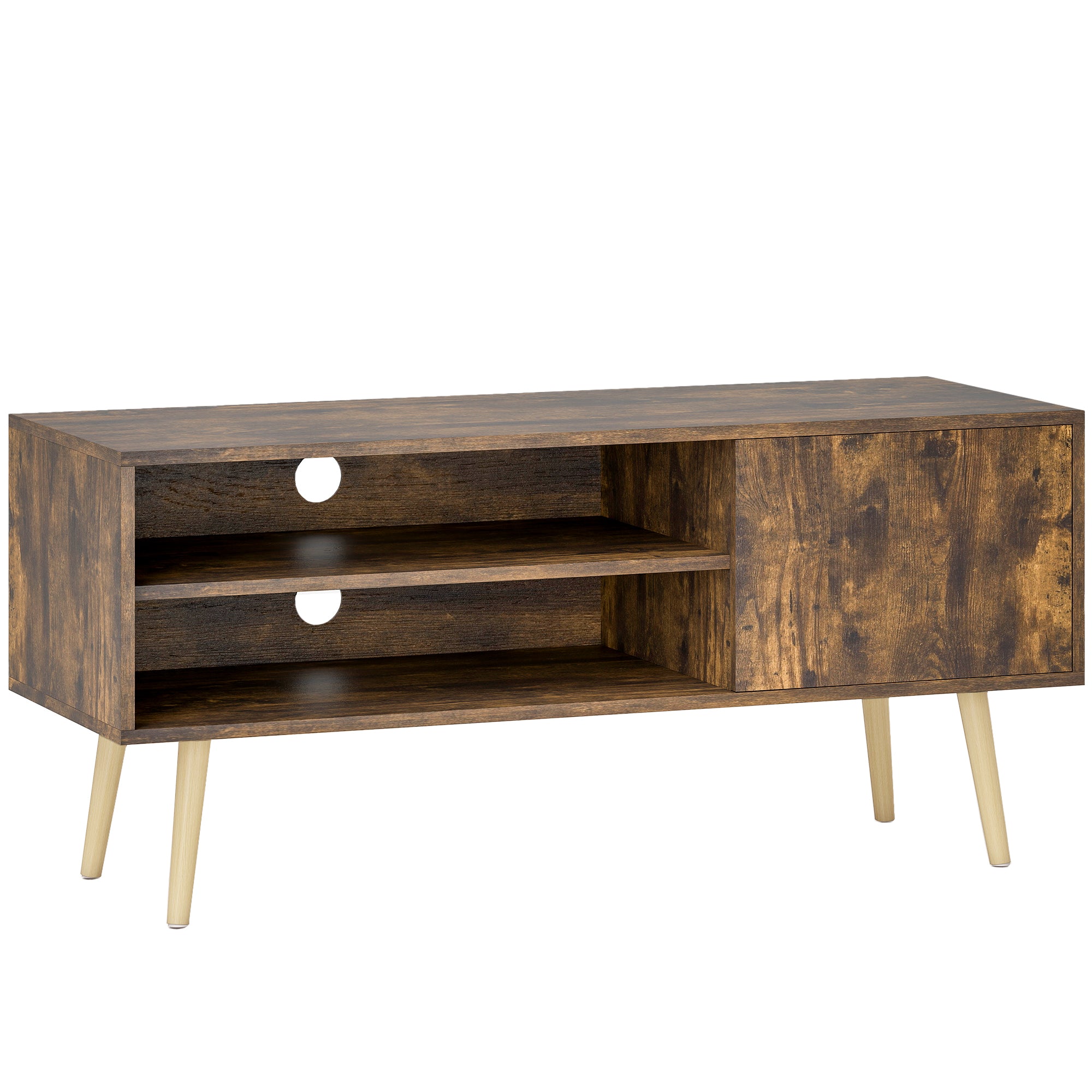 Wooden TV stand with a rustic finish on a white background