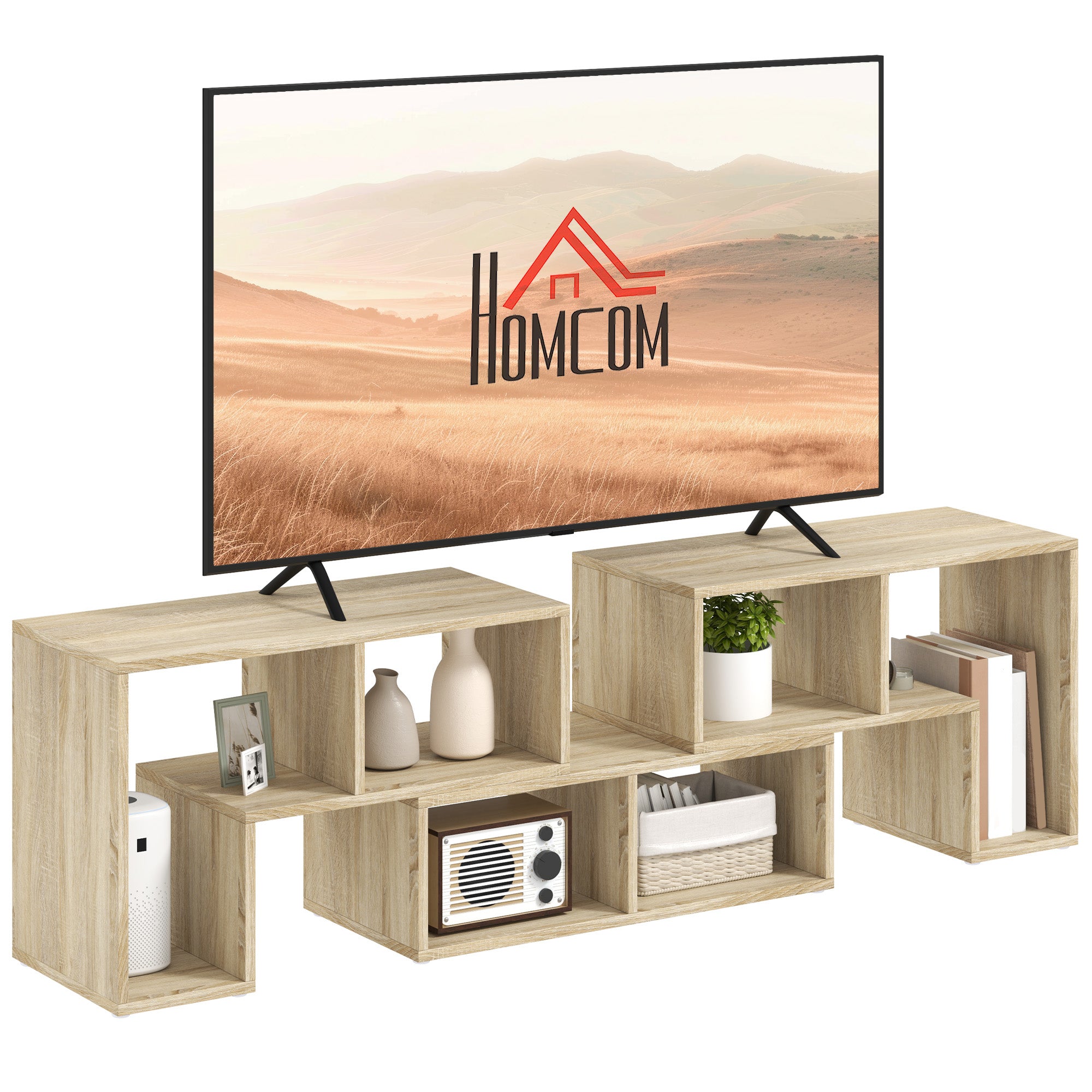 Wooden TV stand with a television displaying the Homcom logo on a white background