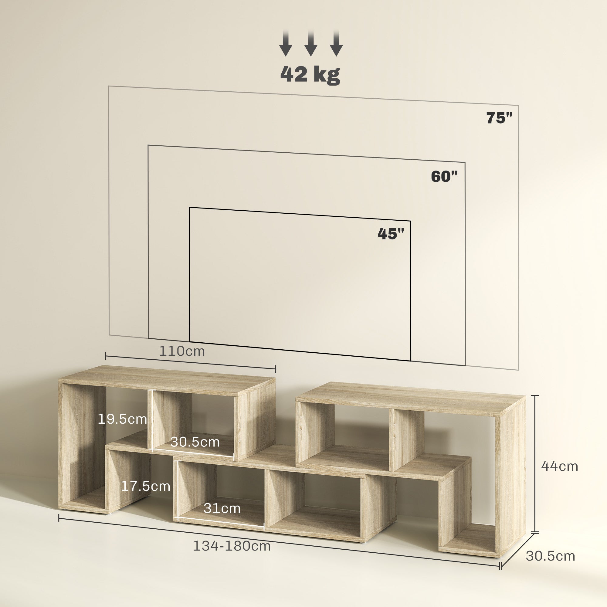 Wooden TV stand with dimensions displayed against a neutral background