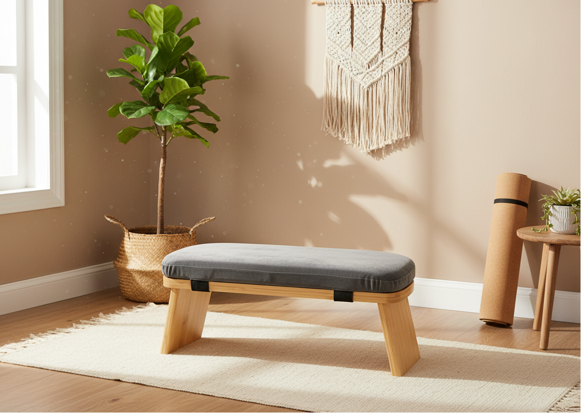 Wooden bench with gray cushion in a room with a plant and macrame wall hanging.