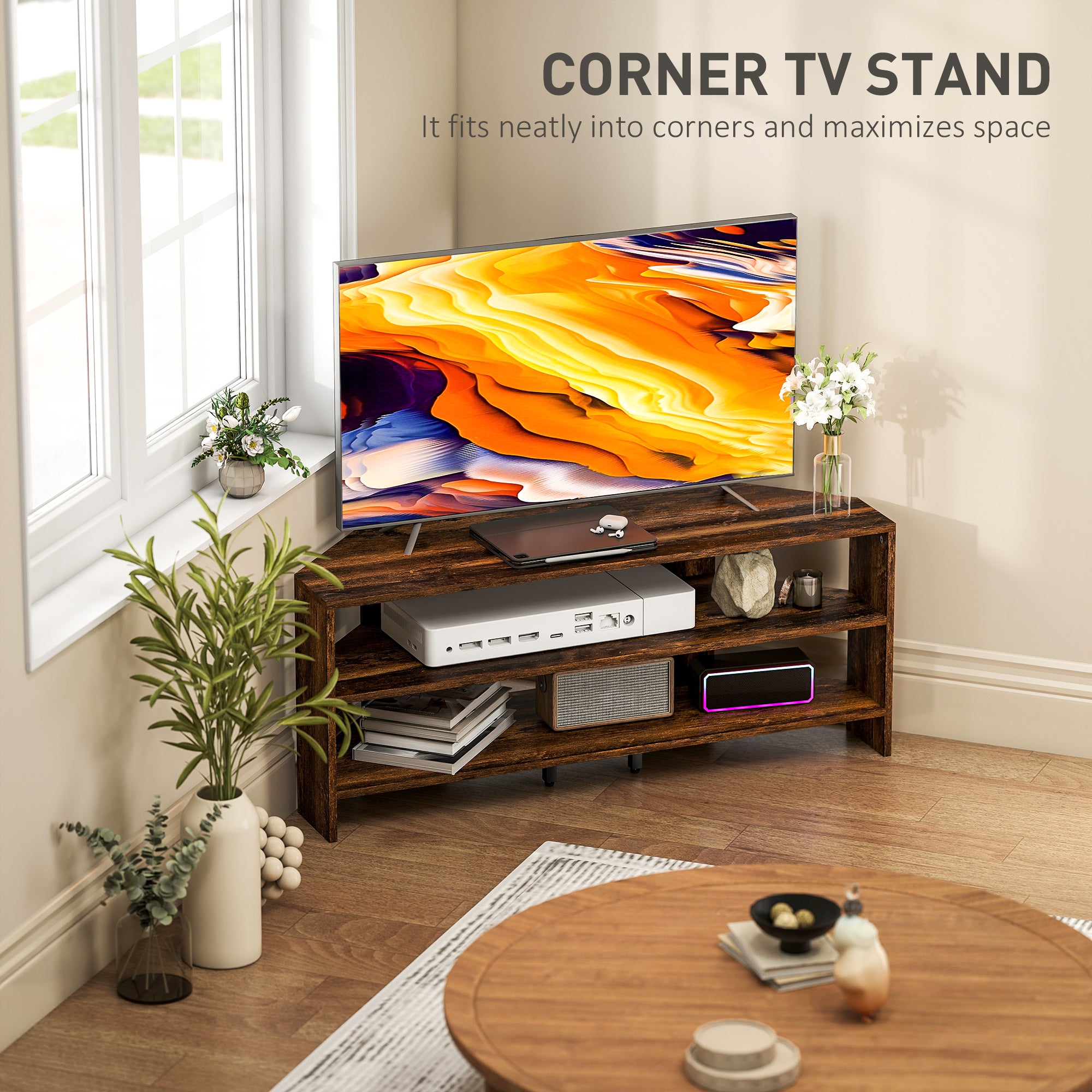 Wooden corner TV stand in a living room with a television on top, surrounded by decor items.