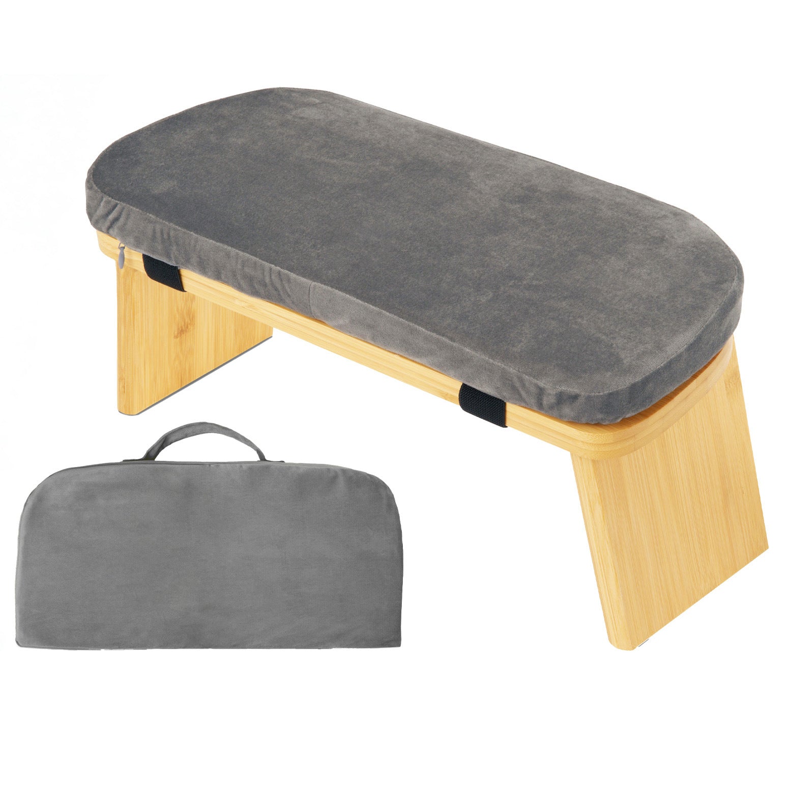 Wooden massage table with gray cushion and carrying case on a white background