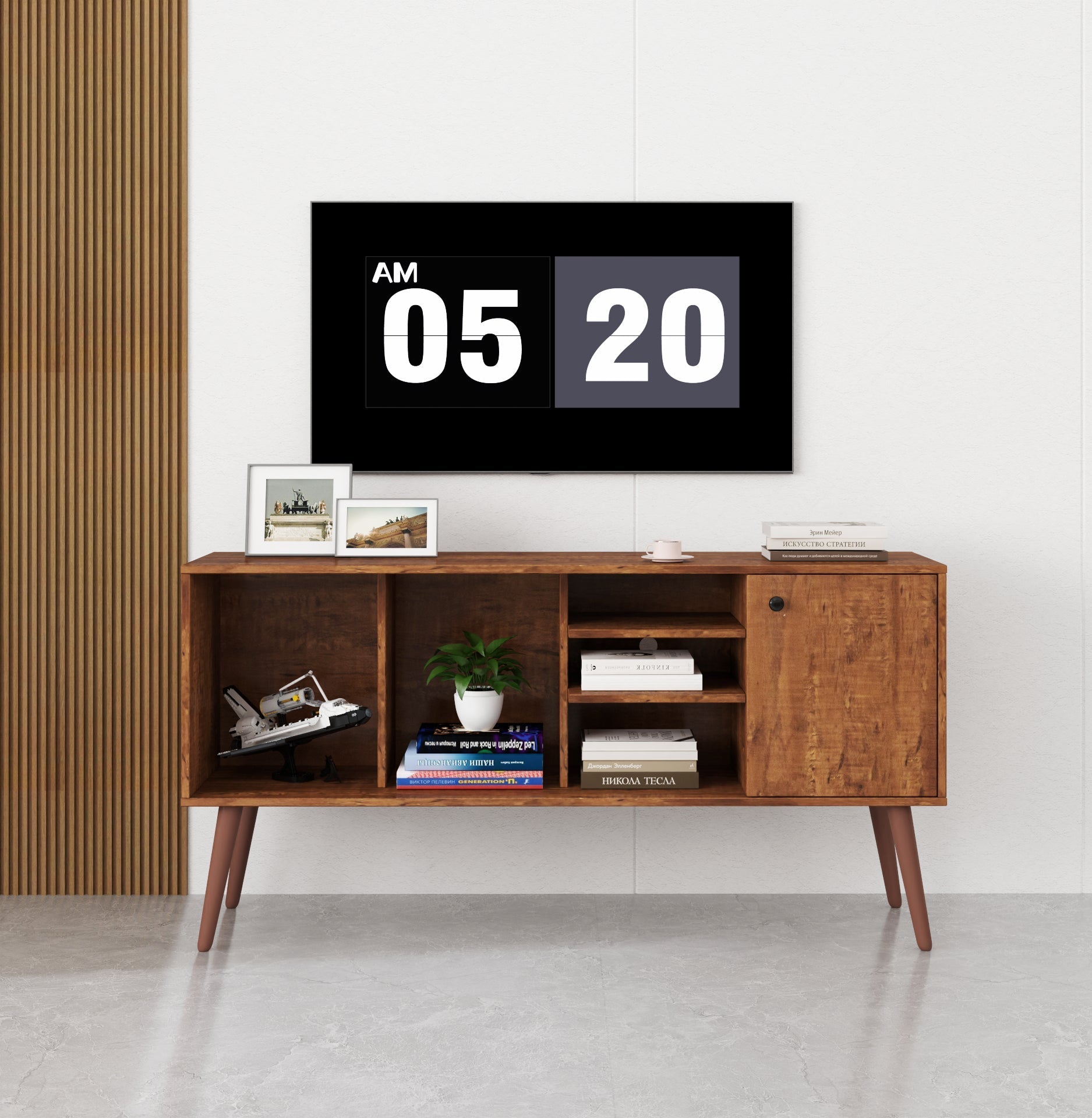 Wooden entertainment console with digital clock display in a room.