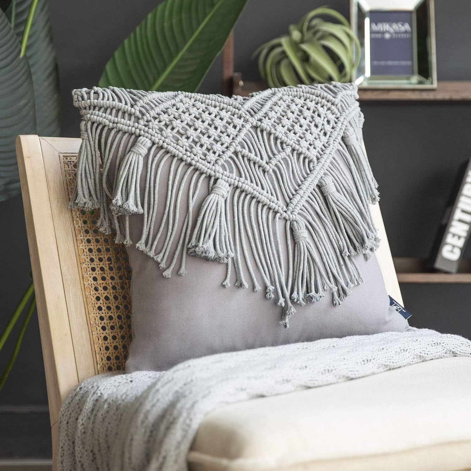 gray Woven Macrame Pillow Cover