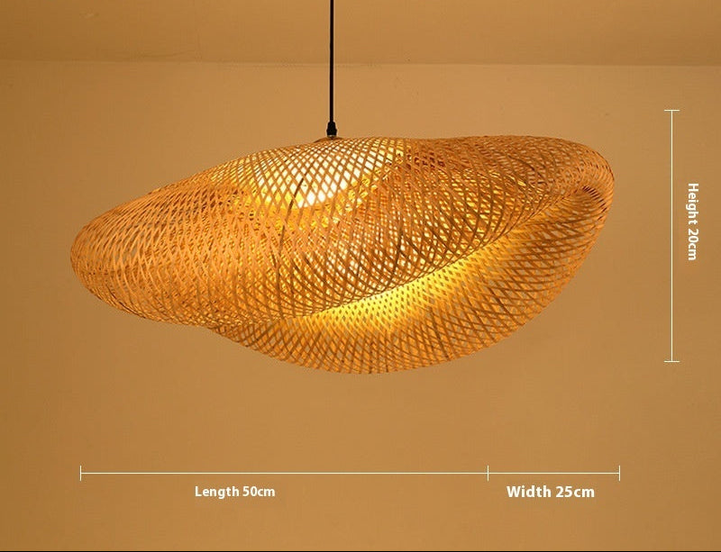 Woven bamboo pendant light with dimensions and material details on a brown background