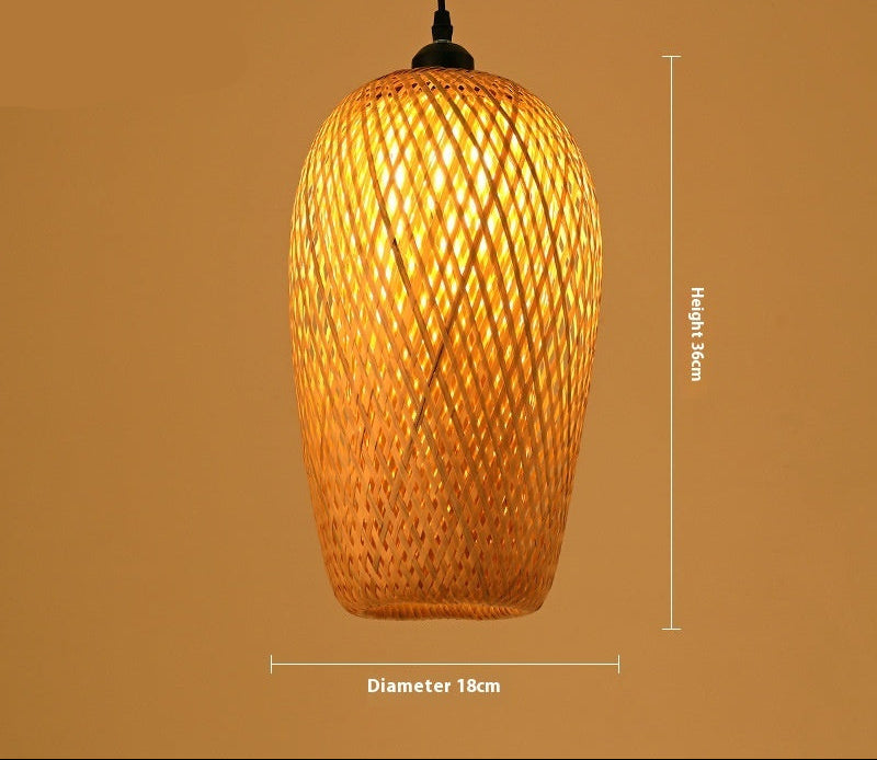 Woven bamboo pendant light with dimensions on a brown background