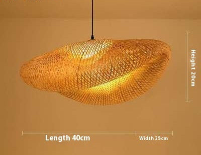 Woven pendant light with dimensions and material details on a beige background