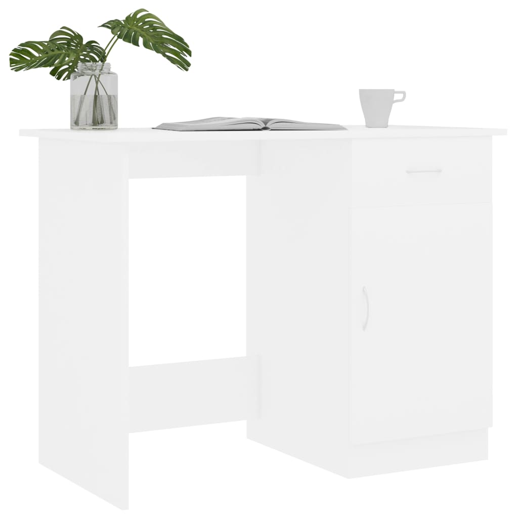 White desk with a plant and cup on a white background