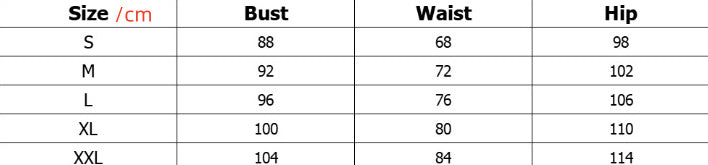 Size chart for clothing with bust, waist, and hip measurements in centimeters.