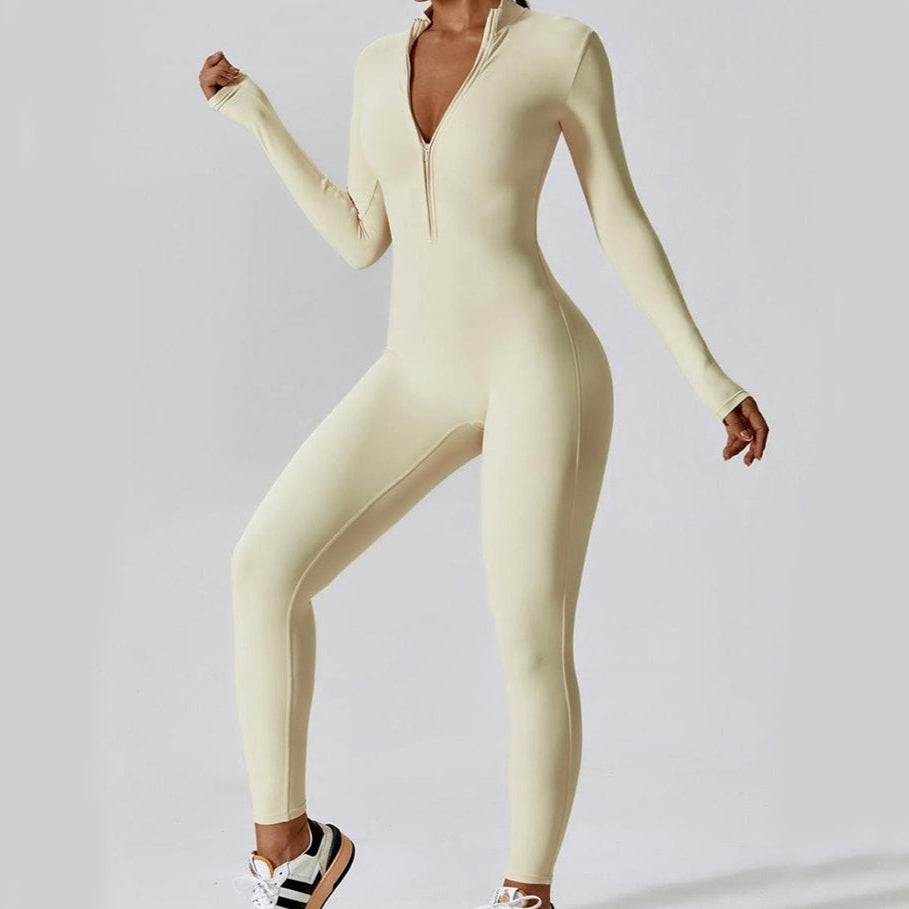 Yoga One Piece Jumpsuit with Zipper V-Neck Design