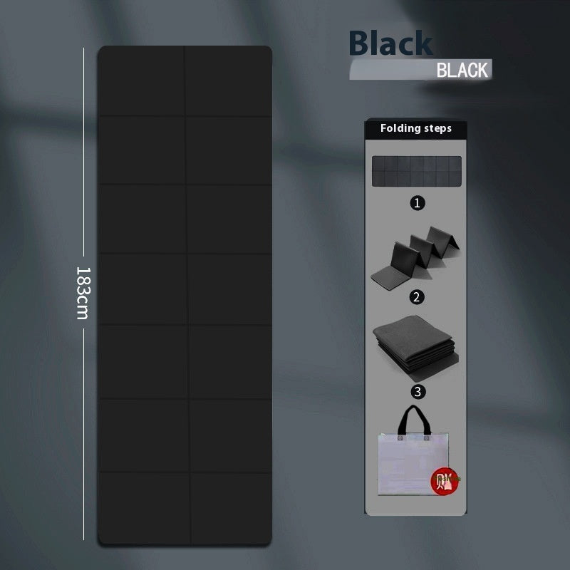 Black folding mat with measurement details and folding steps illustration on a gray background