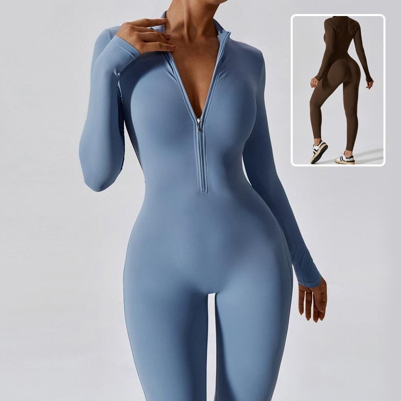 Blue bodysuit with a front zipper on a gray background