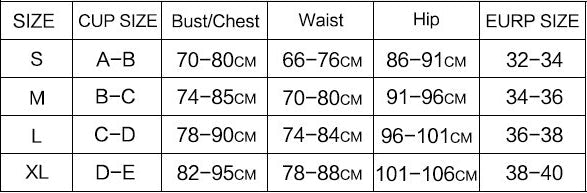 Size chart for women's clothing with measurements in centimeters and European sizes.
