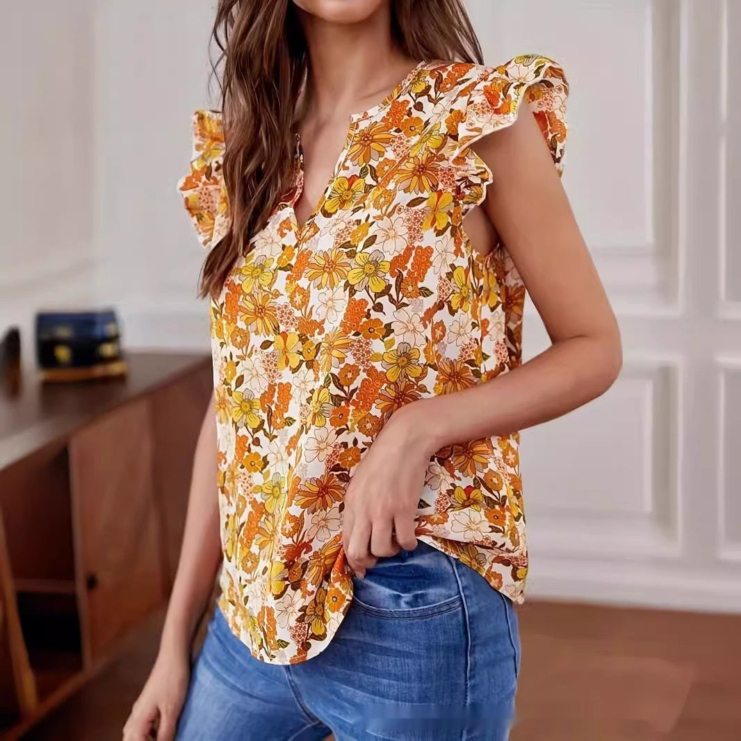 Orange Floral Boho Print Top autumn