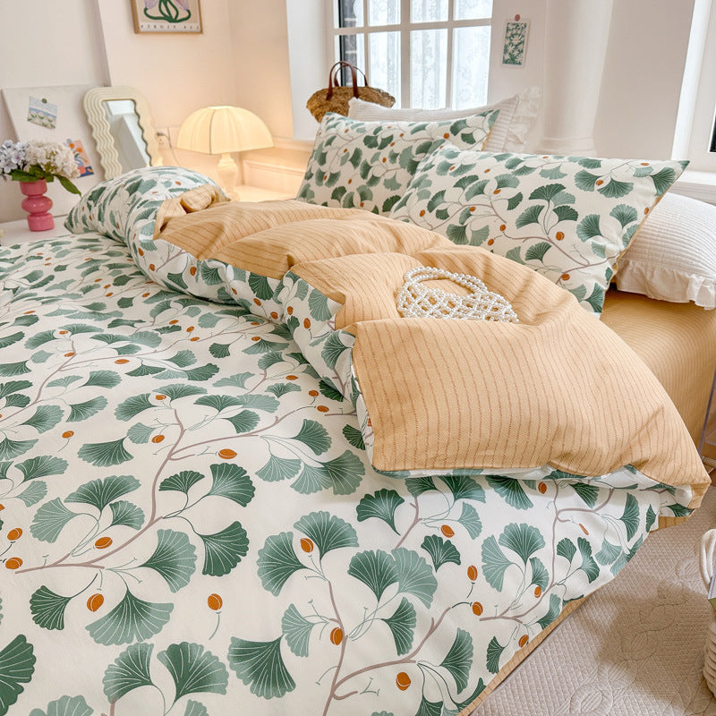 Floral Cotton Four Piece Bedding Set - Bed Sheet and Duvet Cover Set
